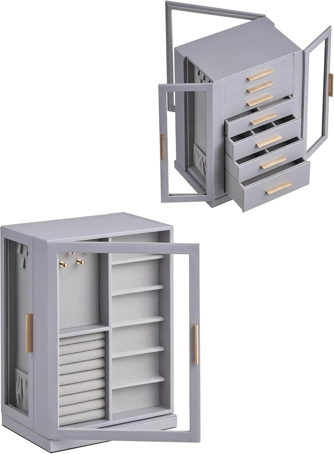 360 Rotating Jewelry Box with 7 Drawers, Spacious Vertical Jewelry Organizer with Glass Window, Jewelry Storage Case, Dustproof & Moisture-resistant Design, Grey