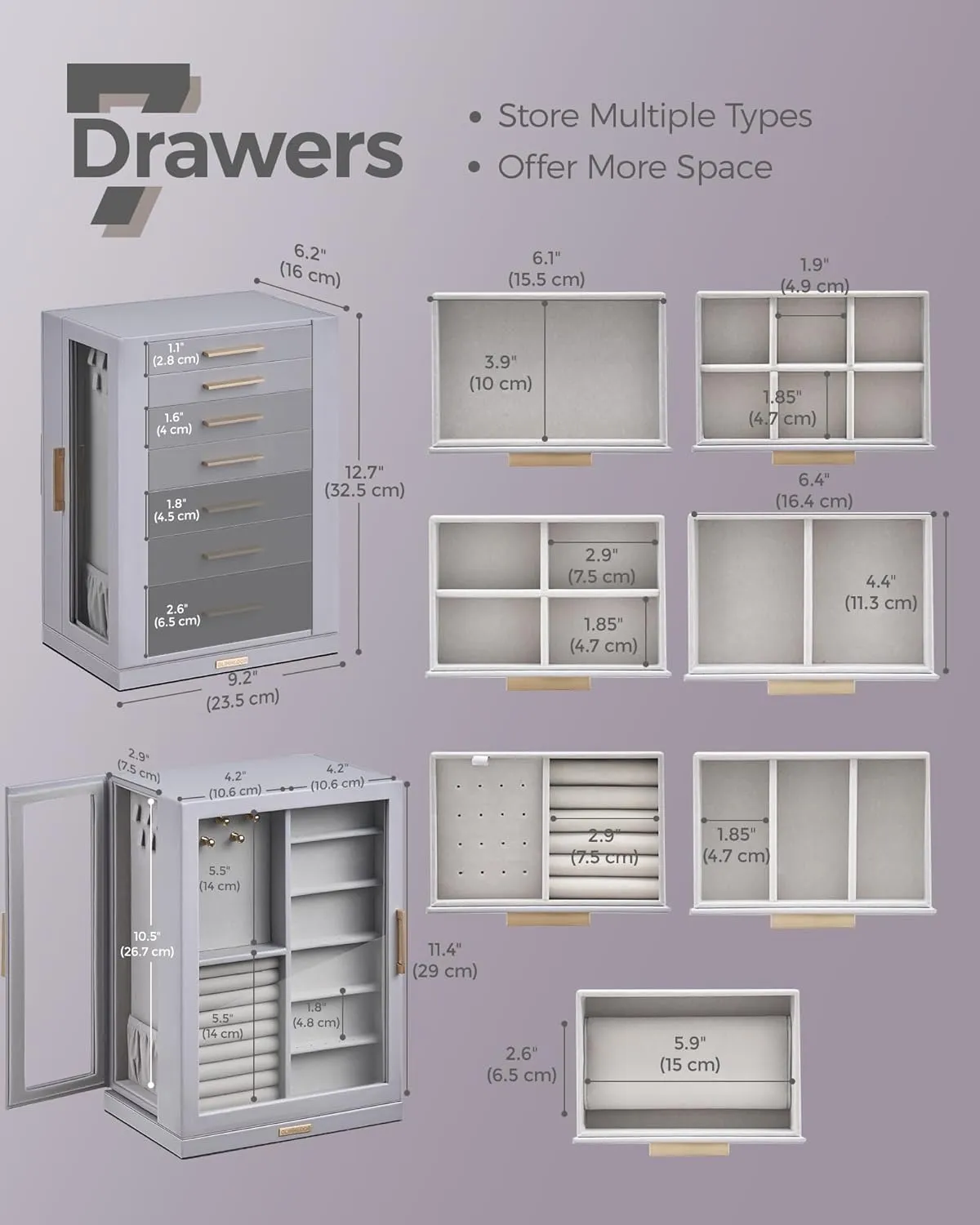 360 Rotating Jewelry Box with 7 Drawers, Spacious Vertical Jewelry Organizer with Glass Window, Jewelry Storage Case, Dustproof & Moisture-resistant Design, Grey