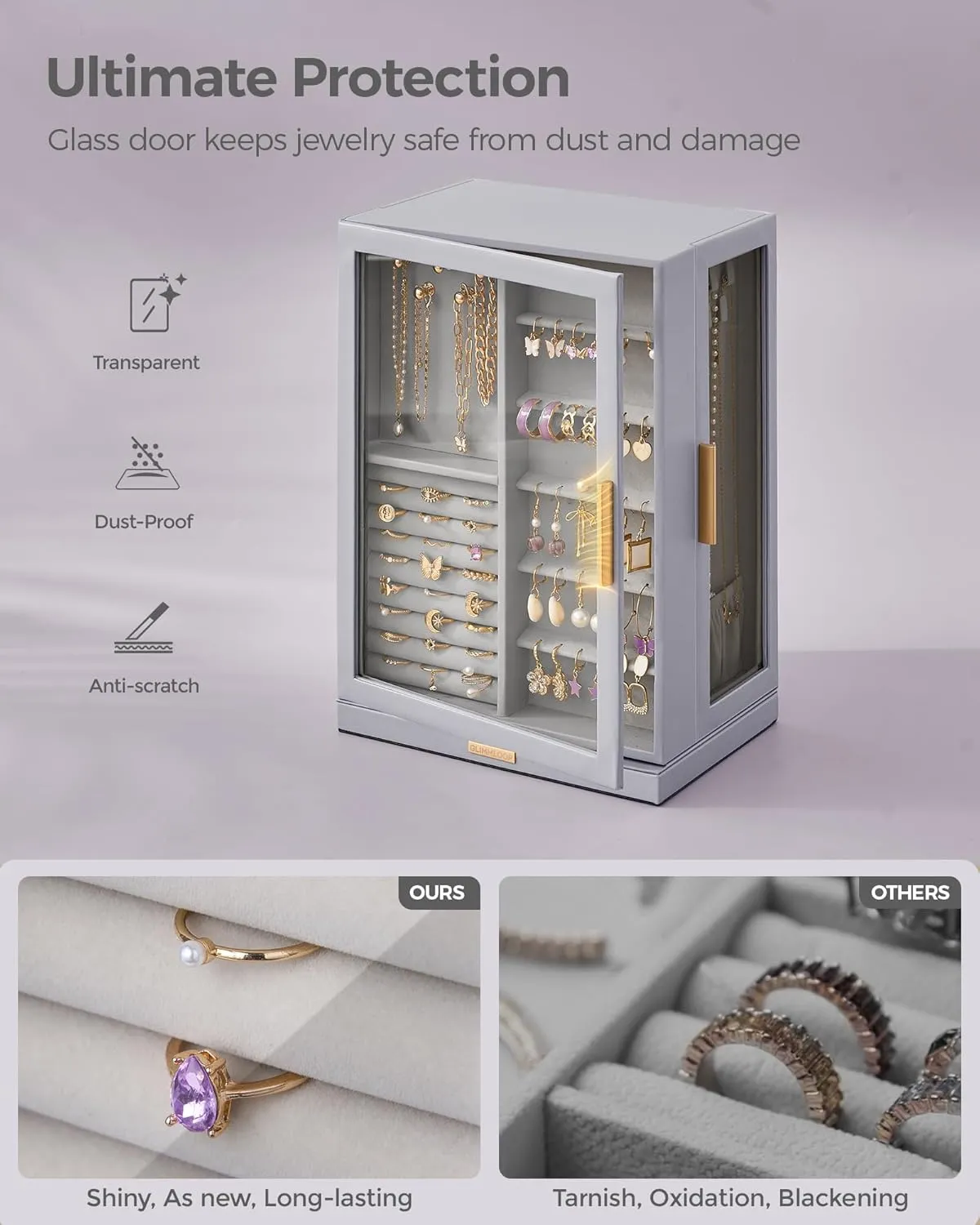 360 Rotating Jewelry Box with 7 Drawers, Spacious Vertical Jewelry Organizer with Glass Window, Jewelry Storage Case, Dustproof & Moisture-resistant Design, Grey