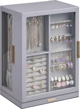 360 Rotating Jewelry Box with 7 Drawers, Spacious Vertical Jewelry Organizer with Glass Window, Jewelry Storage Case, Dustproof & Moisture-resistant Design, Grey