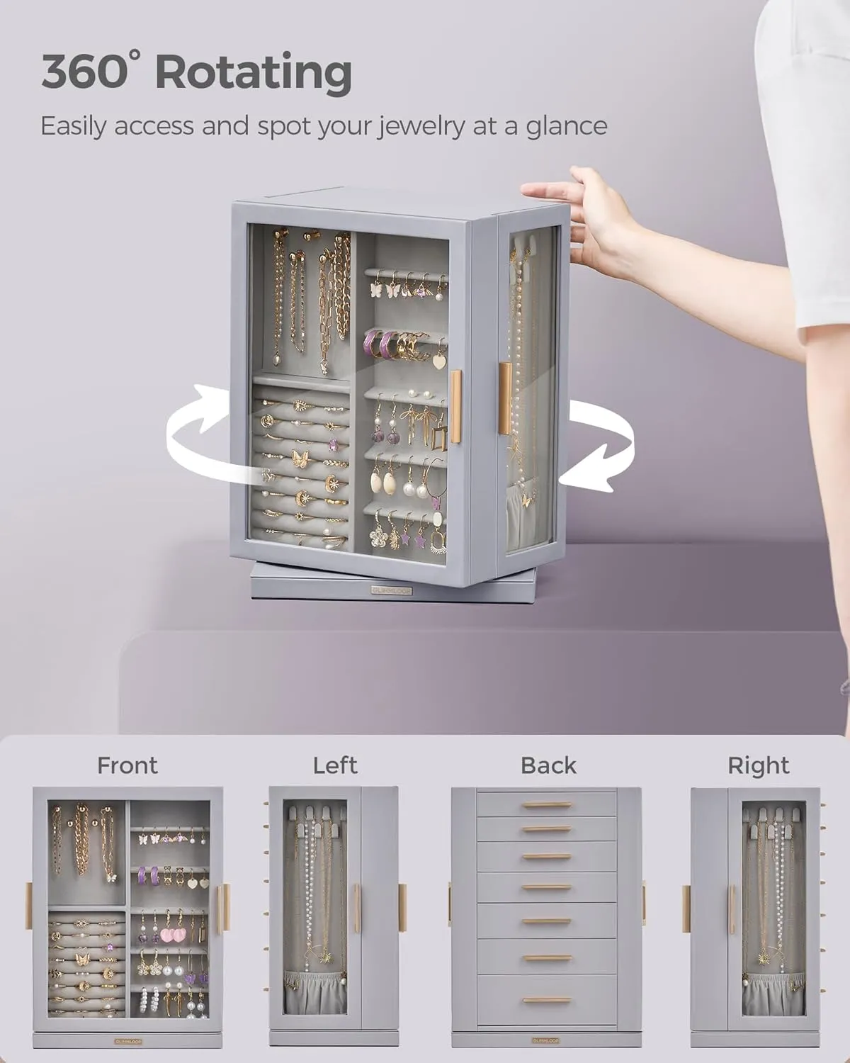 360 Rotating Jewelry Box with 7 Drawers, Spacious Vertical Jewelry Organizer with Glass Window, Jewelry Storage Case, Dustproof & Moisture-resistant Design, Grey