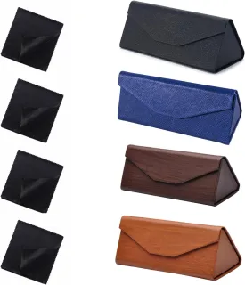 4 Pack Foldable Eyeglass Case, PU Leather Sunglass Case with 4 Cleaning Cloths, Glasses Case Hard Shell, Eyeglass Holder Stand