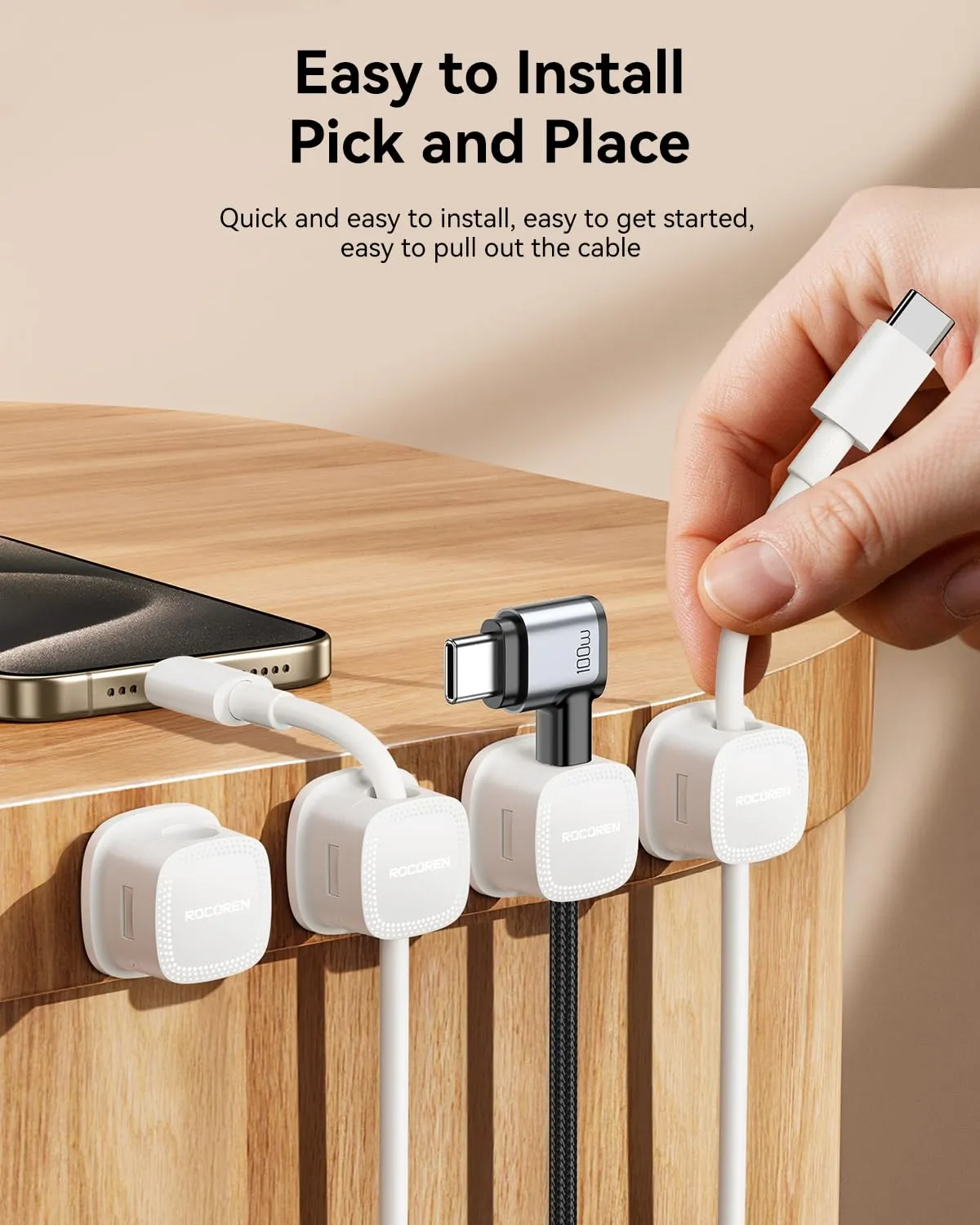 6-Pack Magnetic Cable Clips Cord Organizer-Cable Smooth Adjustable, Rocoren Desk Cable Management Accessories,Cable Holder Clips Wire Holder Keeper for Desktop,Nightstand,Wall,Home Office,Phone,Car