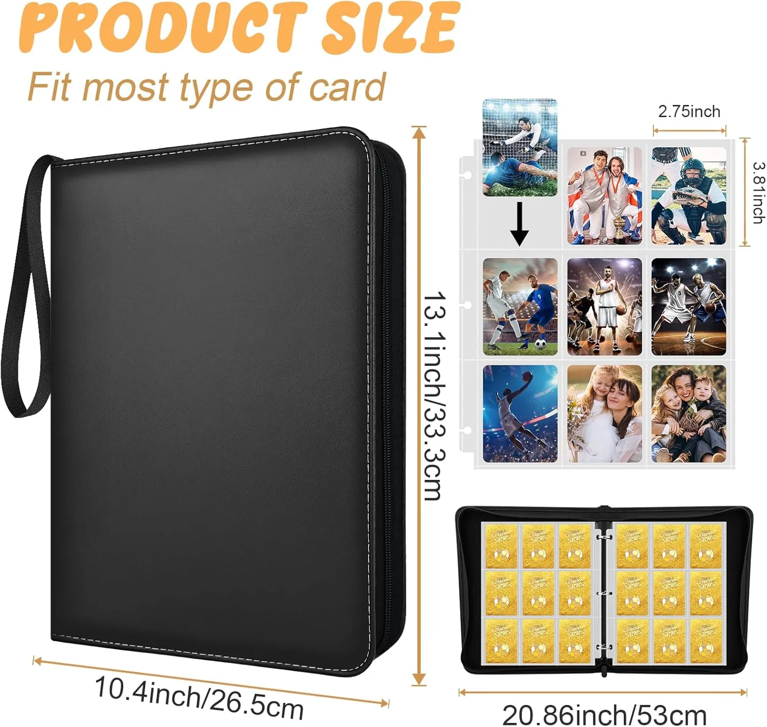 9 Pockets Trading Card Binder with 900 Double-Sided Pockets, PU Zipper Top Loader Binder with 50 Removable Sleeves for Basketball Baseball Football Playing TCG Card