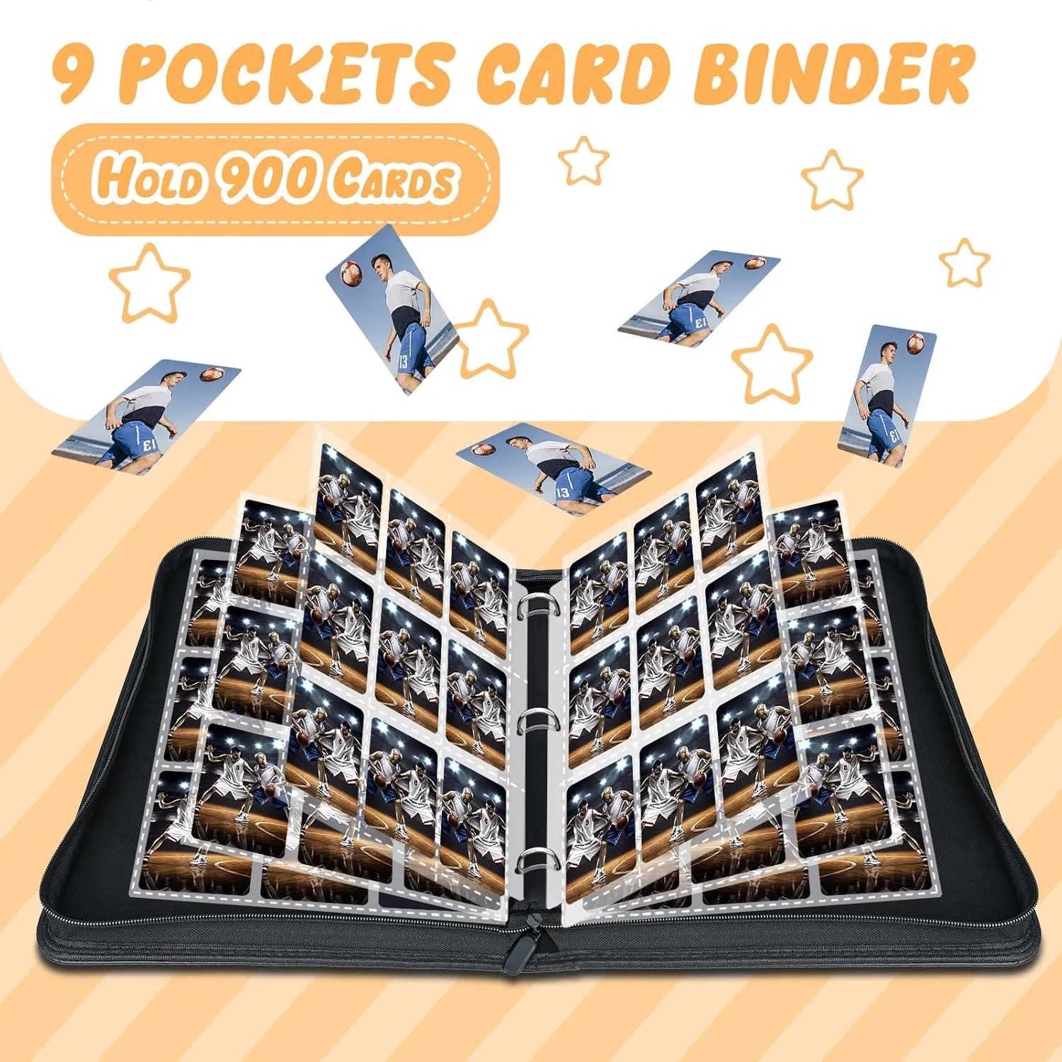 9 Pockets Trading Card Binder with 900 Double-Sided Pockets, PU Zipper Top Loader Binder with 50 Removable Sleeves for Basketball Baseball Football Playing TCG Card