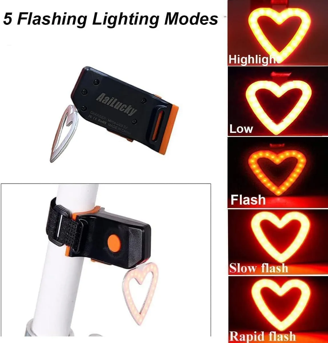 Bike Tail Light Rechargeable LED Bicycle Rear Light for Night Riding, Girls Bright Heart Shaped Bike Taillight, Cycling Warning Tail Light for Adults Kids Women, 5 Modes