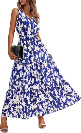 BTFBM Women Summer Dresses Casual Sleeveless Maxi Dresses Cute Floral Long Dress Wedding Guest Dress