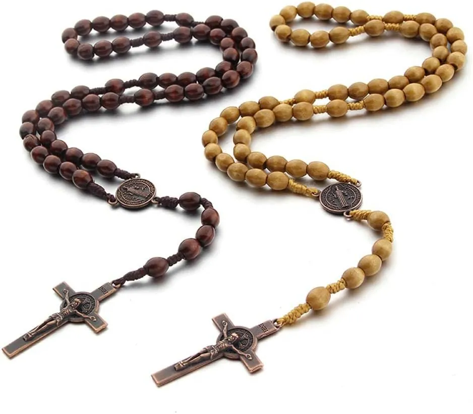COLORFUL BLING Natural Wooden Beaded Cross Pendant Necklace Bracelets Set for Men Women Classic Religious Rosary Cross Necklace Inspirational Prayer Jewelry Handmade Prayer Stand Necklace Bracelets