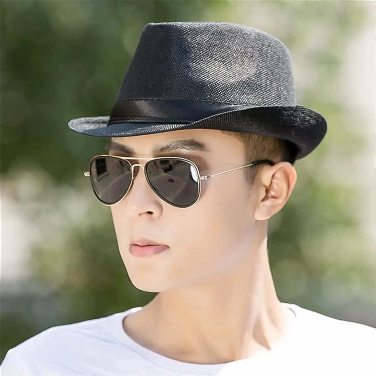 ECYC Ltd Unisex Straw Fedora Hat Panama Straw Hat Jazz Hat Cap Short Brim Hat Straw Sun Hat Summer Beach Hat for Women Men