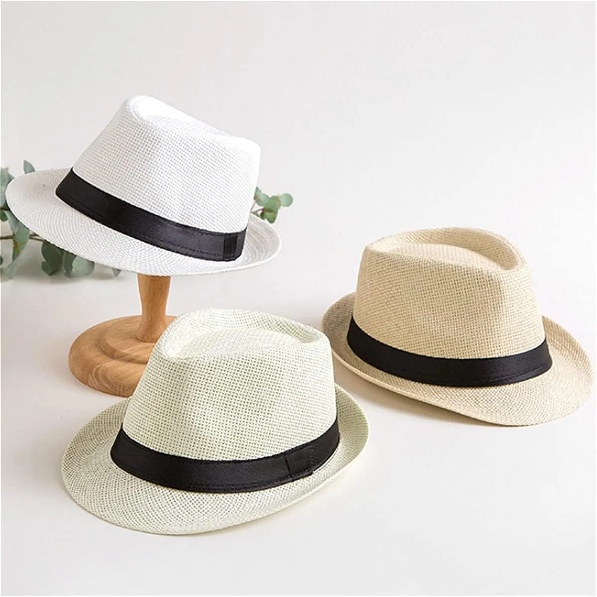 ECYC Ltd Unisex Straw Fedora Hat Panama Straw Hat Jazz Hat Cap Short Brim Hat Straw Sun Hat Summer Beach Hat for Women Men