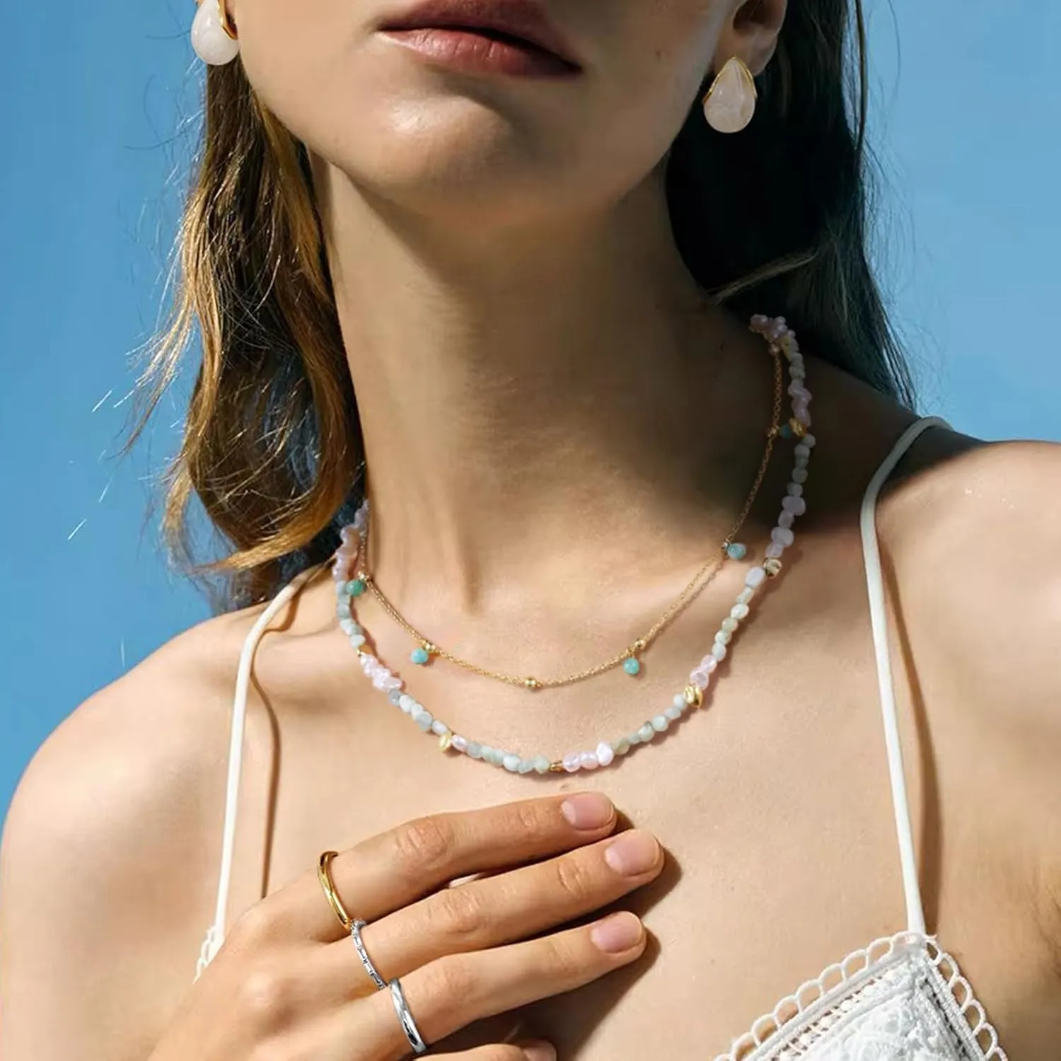 KissYan Beaded Necklaces for Women, 14k Gold Plated Layered Pendant Necklace with Link Chain, Boho Natural Gemstone Choker Summer Beach Jewelry