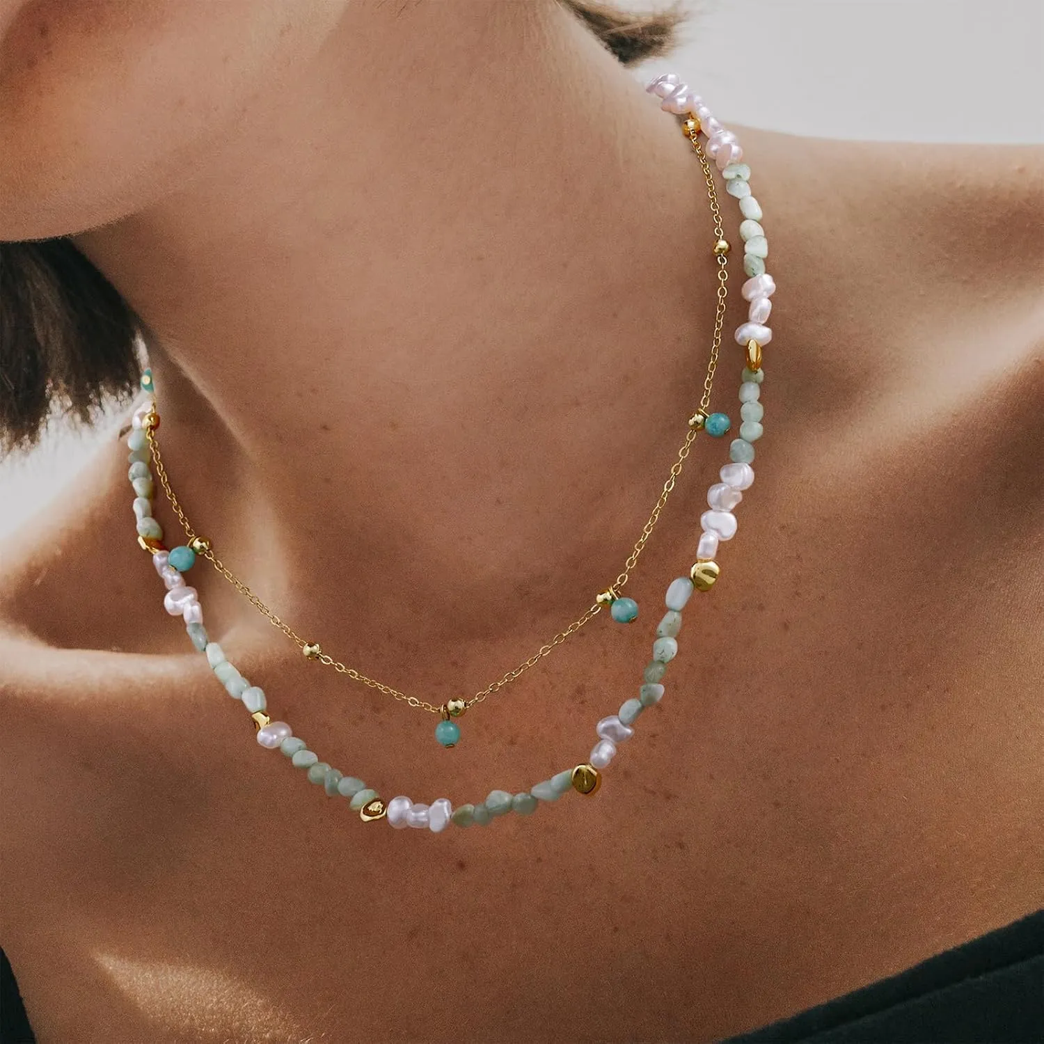 KissYan Beaded Necklaces for Women, 14k Gold Plated Layered Pendant Necklace with Link Chain, Boho Natural Gemstone Choker Summer Beach Jewelry