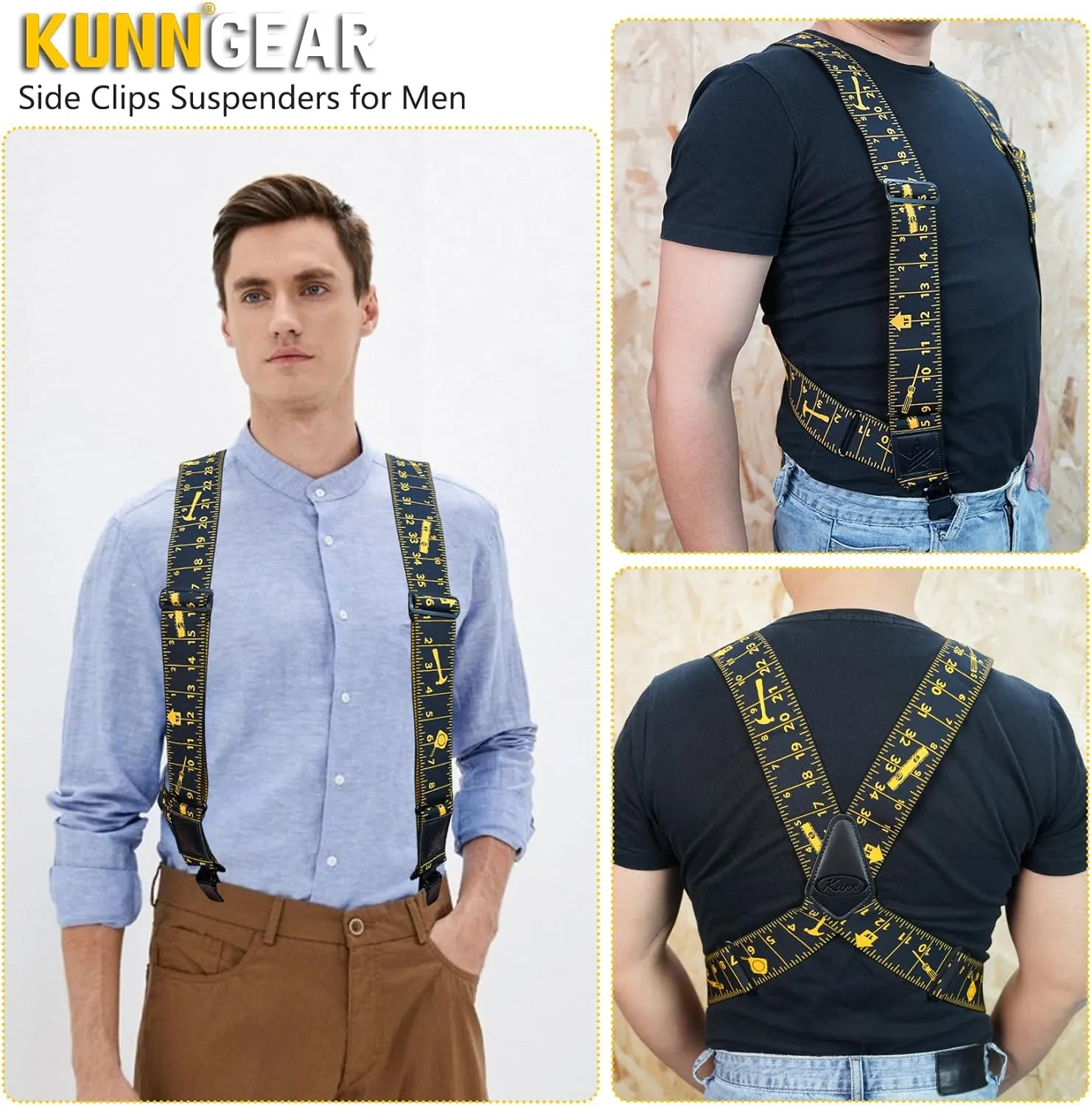 KUNN Men's Suspenders Heavy Duty 2 Inch Side Clip Adjustable Elastic Braces Truck Style Work Suspender