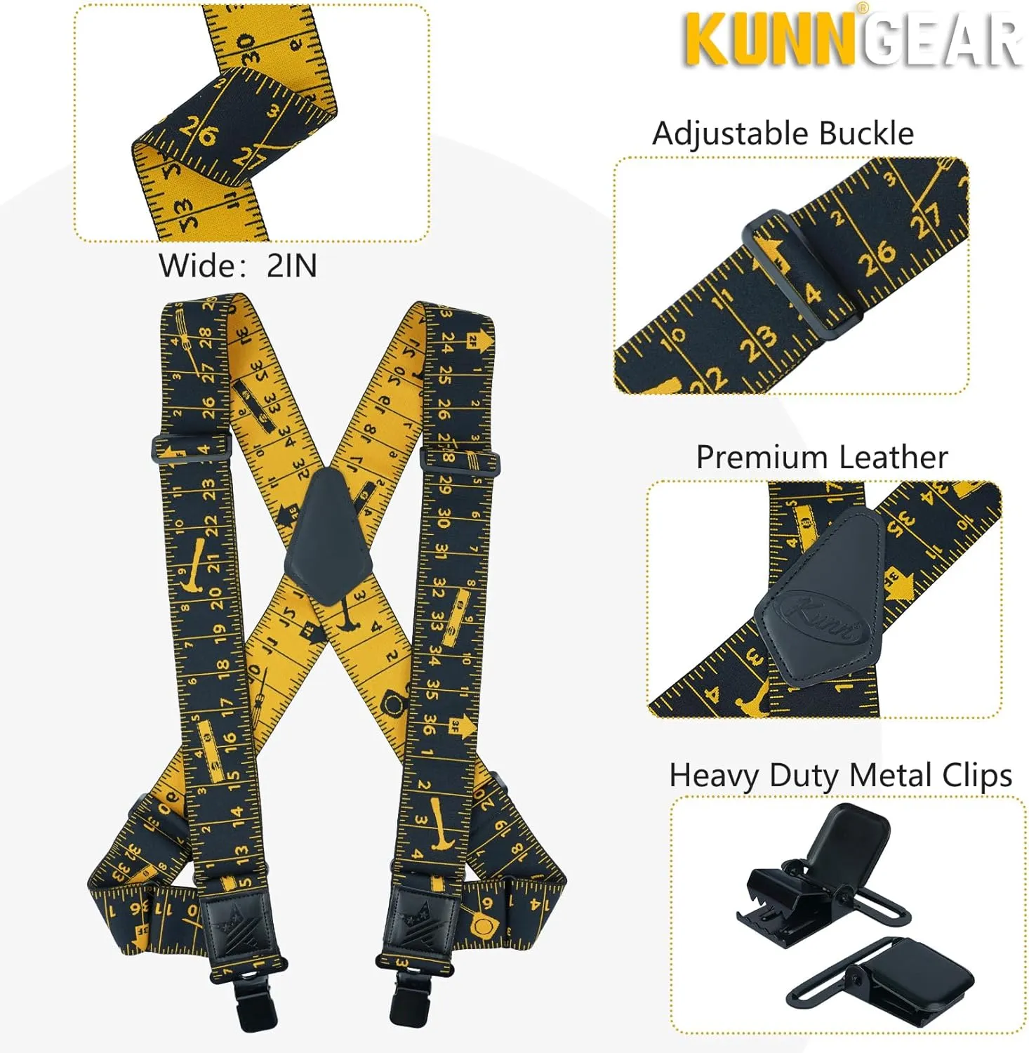 KUNN Men's Suspenders Heavy Duty 2 Inch Side Clip Adjustable Elastic Braces Truck Style Work Suspender