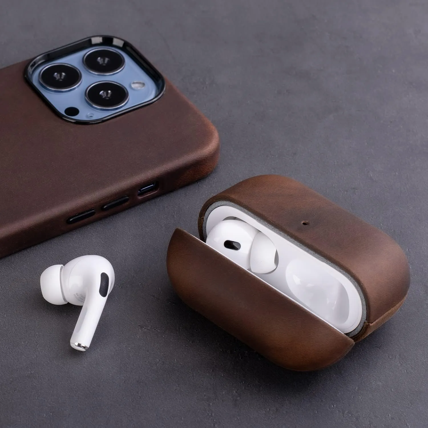 Maogoam for AirPods Pro 2nd Generation Leather Case Cover with Button, Genuine Oil Wax Crazy Horse Cowhide Leather Case for Airpods Pro 2, Indiana-Jones Style, The Front LED Visible,Dark Brown