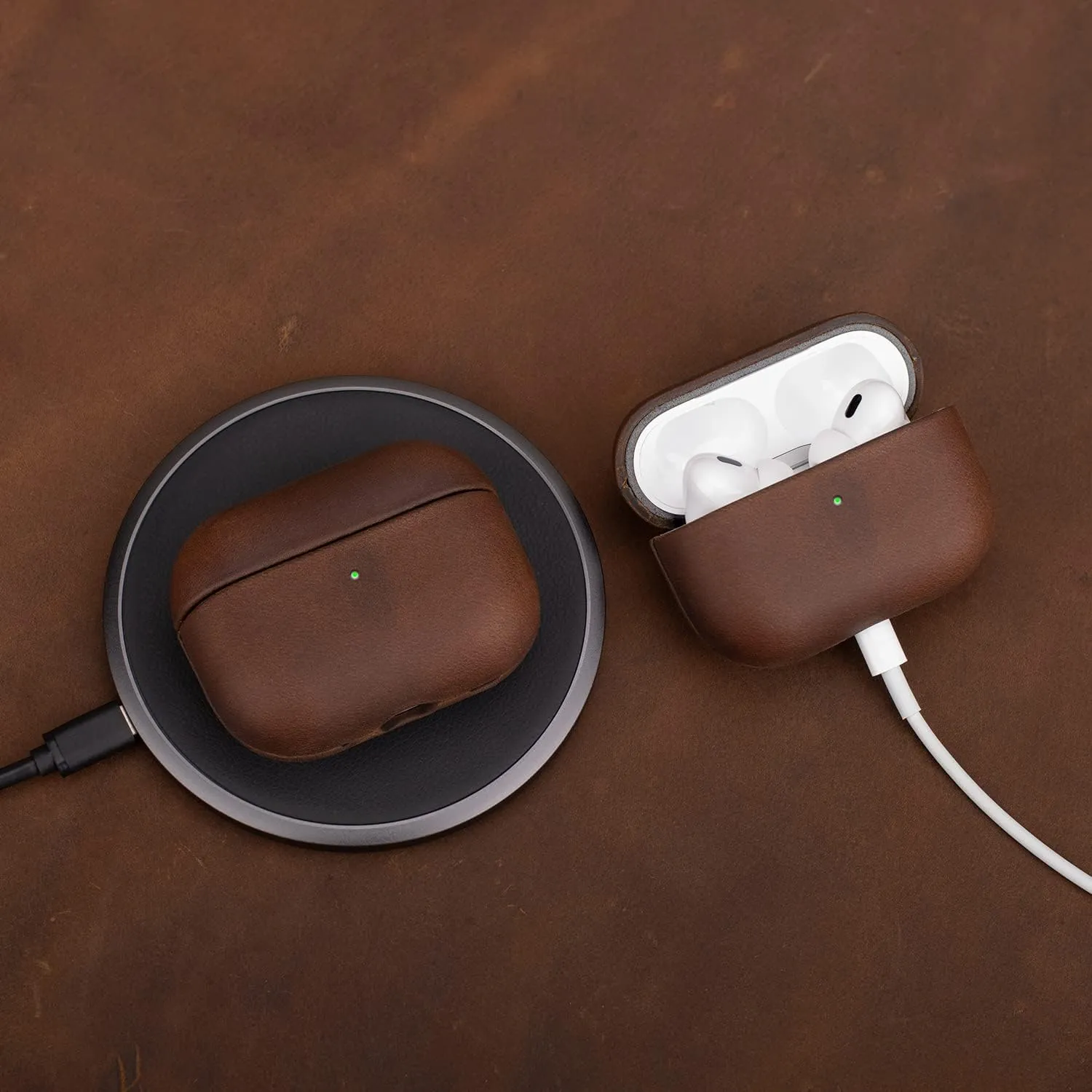 Maogoam for AirPods Pro 2nd Generation Leather Case Cover with Button, Genuine Oil Wax Crazy Horse Cowhide Leather Case for Airpods Pro 2, Indiana-Jones Style, The Front LED Visible,Dark Brown