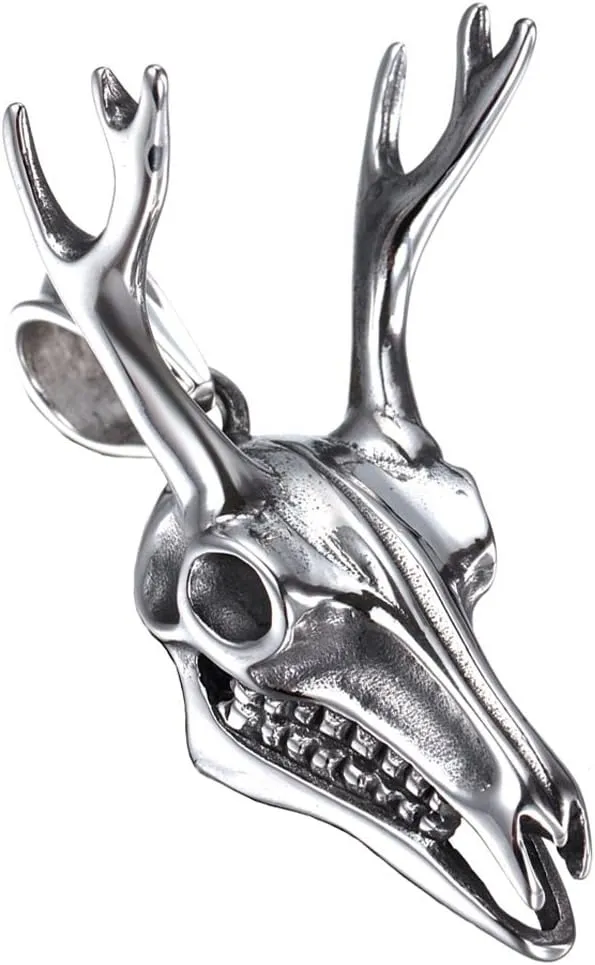 Men's Stainless Steel Silver Tone Punk Deer Skull Necklace Animal Head Charm Pendant with Chain