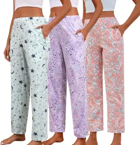 PNAEONG Pajama Pants Women 3 Pack Soft Cotton Lounge Pants Comfy Casual Pajama Bottoms with Elastic Waistband & Pockets