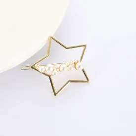 Premium Gold Tone Faux Pearl Metal Hair Clip - Star