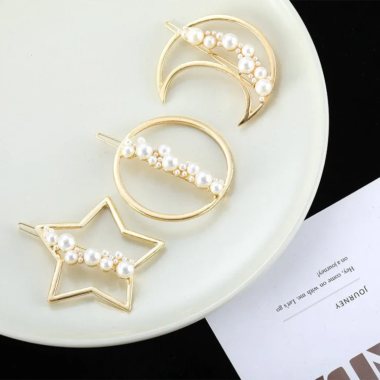 Premium Gold Tone Faux Pearl Metal Hair Clip - Star