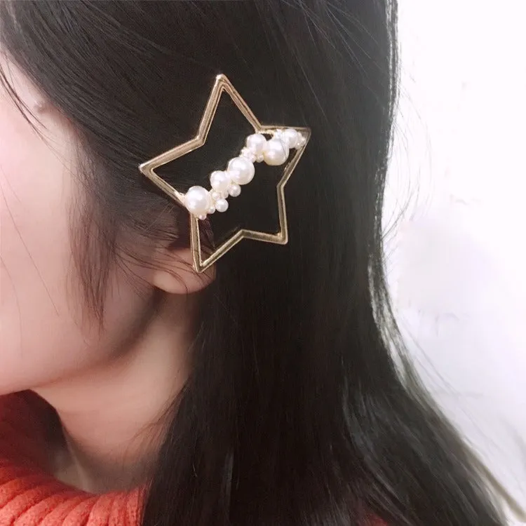 Premium Gold Tone Faux Pearl Metal Hair Clip - Star