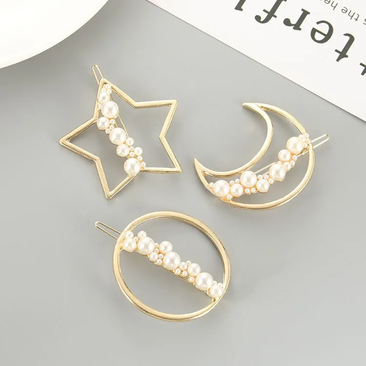 Premium Gold Tone Faux Pearl Metal Hair Clip - Star