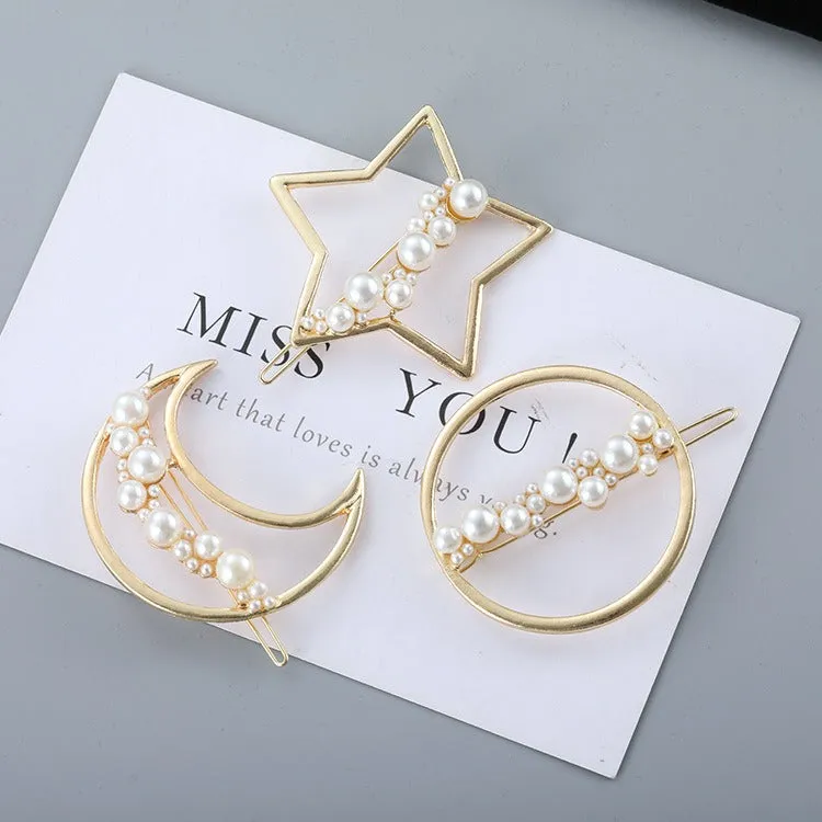 Premium Gold Tone Faux Pearl Metal Hair Clip - Star