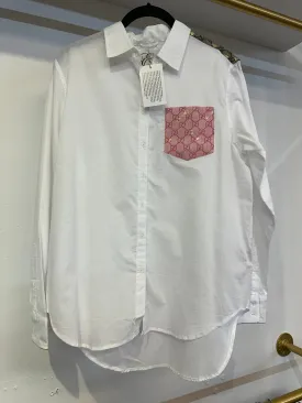 Repurposed Scarf Button Down - White Oxford - Pink Pocket