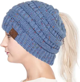 ScarvesMe Women Confetti BeanieTail Ponytail Messy Bun Solid Ribbed Beanie Hat Cap