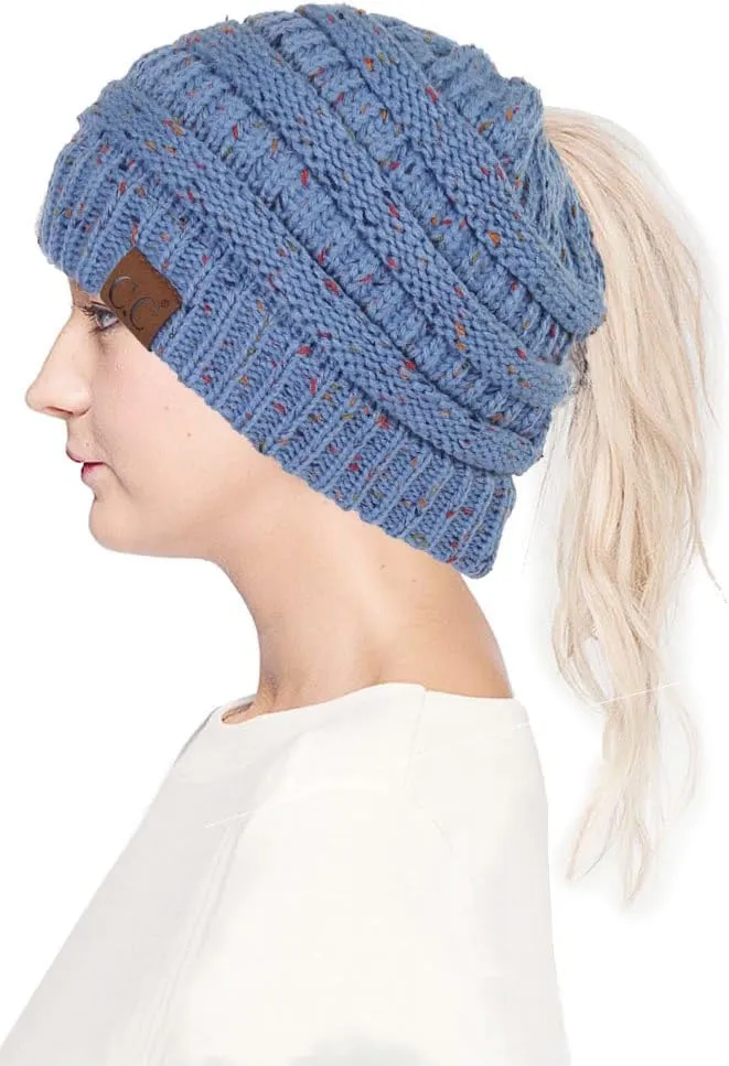 ScarvesMe Women Confetti BeanieTail Ponytail Messy Bun Solid Ribbed Beanie Hat Cap