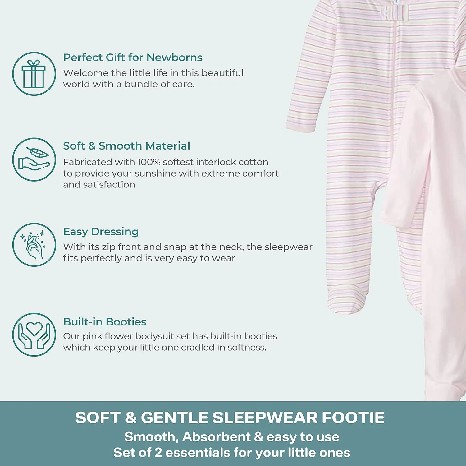 Spasilk Baby-Girls 100% Cotton Newborn 2 Pack Sleepwear Footie Set