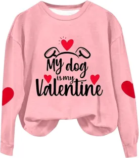 Valentines Day Shirts Women Love Heart Print Graphic Tees My Dog is My Valentine Long Sleeve Tops Dressy Casual