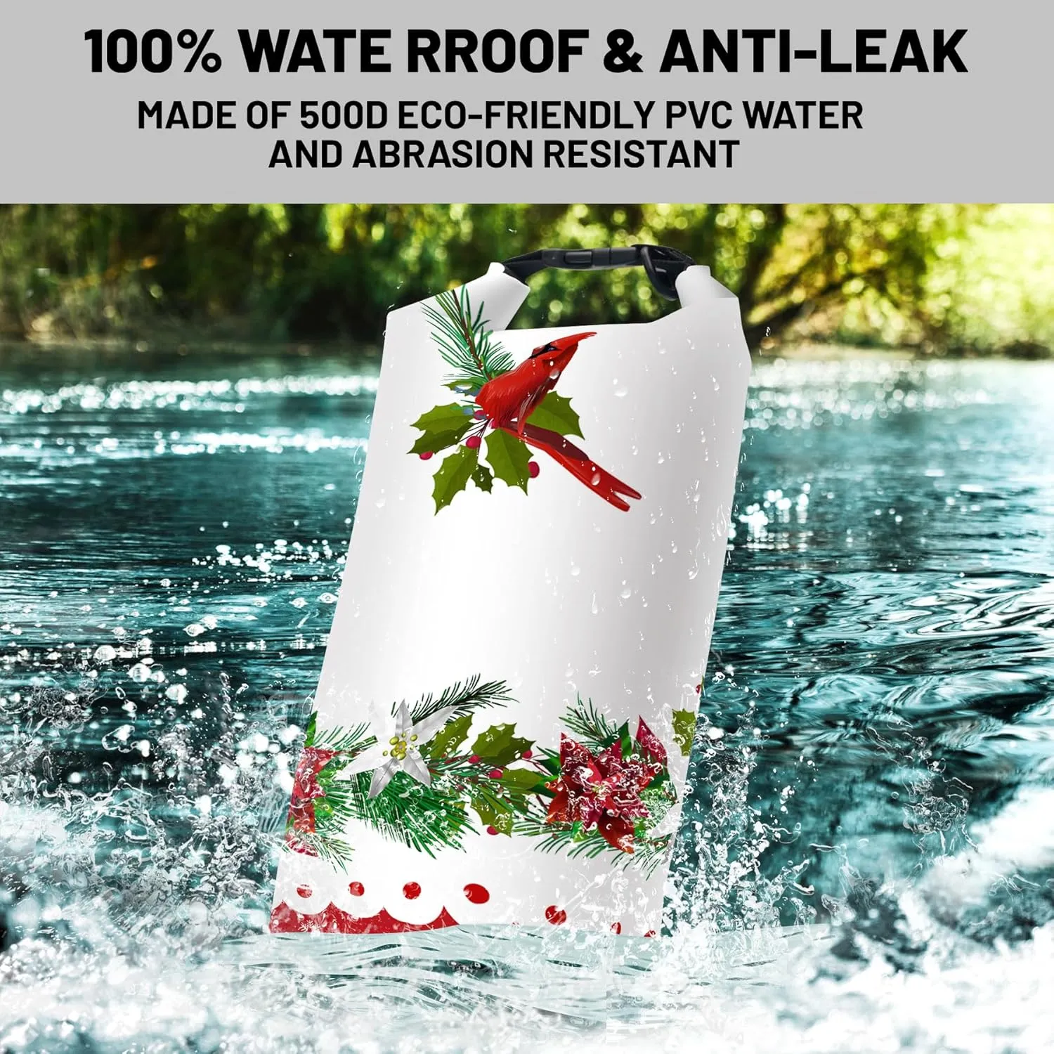 Waterproof Dry Bag,Roll Top Christmas Poinsettia Flower Pine Cones Waterproof Backpack 5L/10L/20L Floating and Lightweight Bags for Kayaking, Boating, Fishing, Swimming and Camping